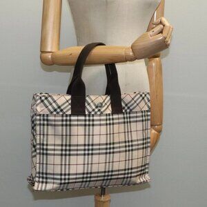 BURBERRY Nova Check Blue Label Hand Bag Nylon Beige Brown Silver Auth